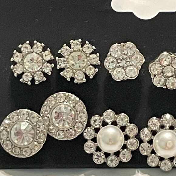 Noir Rhinestone Occasion Earring Set Silver Plated Brass Faux Pearls CZ 6 Pairs - Picture 3 of 6